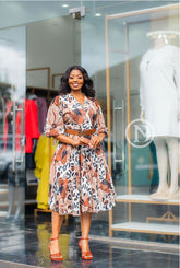 Brown and beige abstract print midi dress